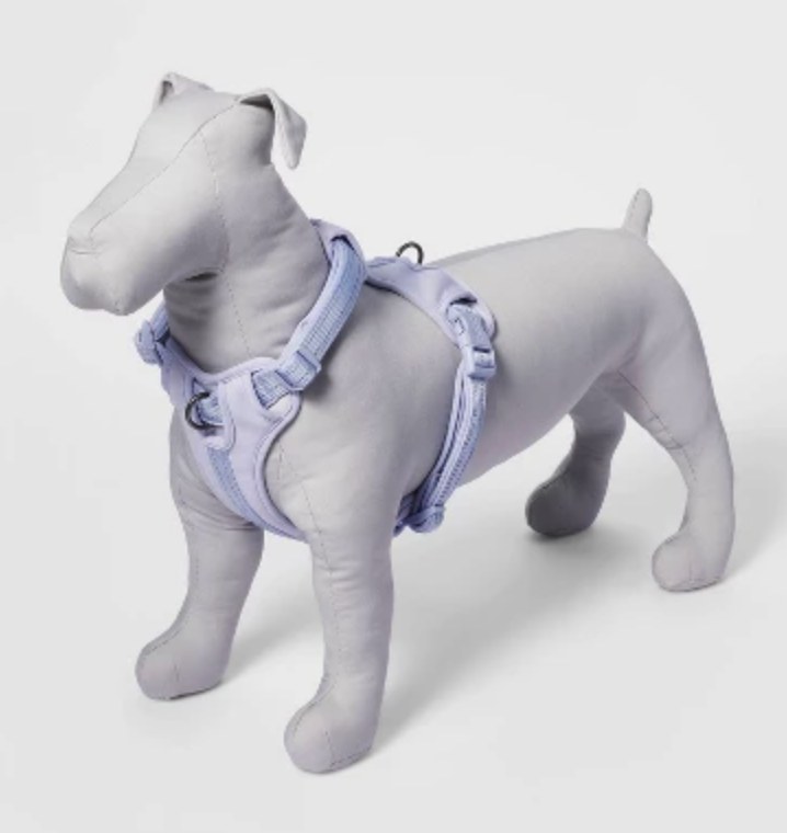 Lavender soft padded step-in dog harness displayed on a gray dog mannequin against a white background